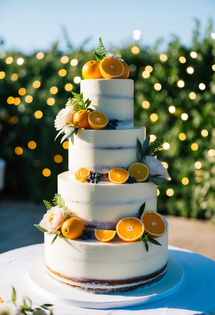 A tiered wedding cake adorned with fresh citrus fruits and vibrant flowers, set against a backdrop of lush greenery and twinkling lights
