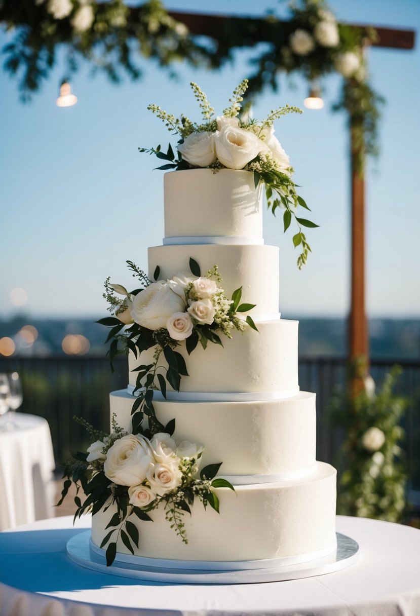A tiered wedding cake adorned with cascading flowers and greenery