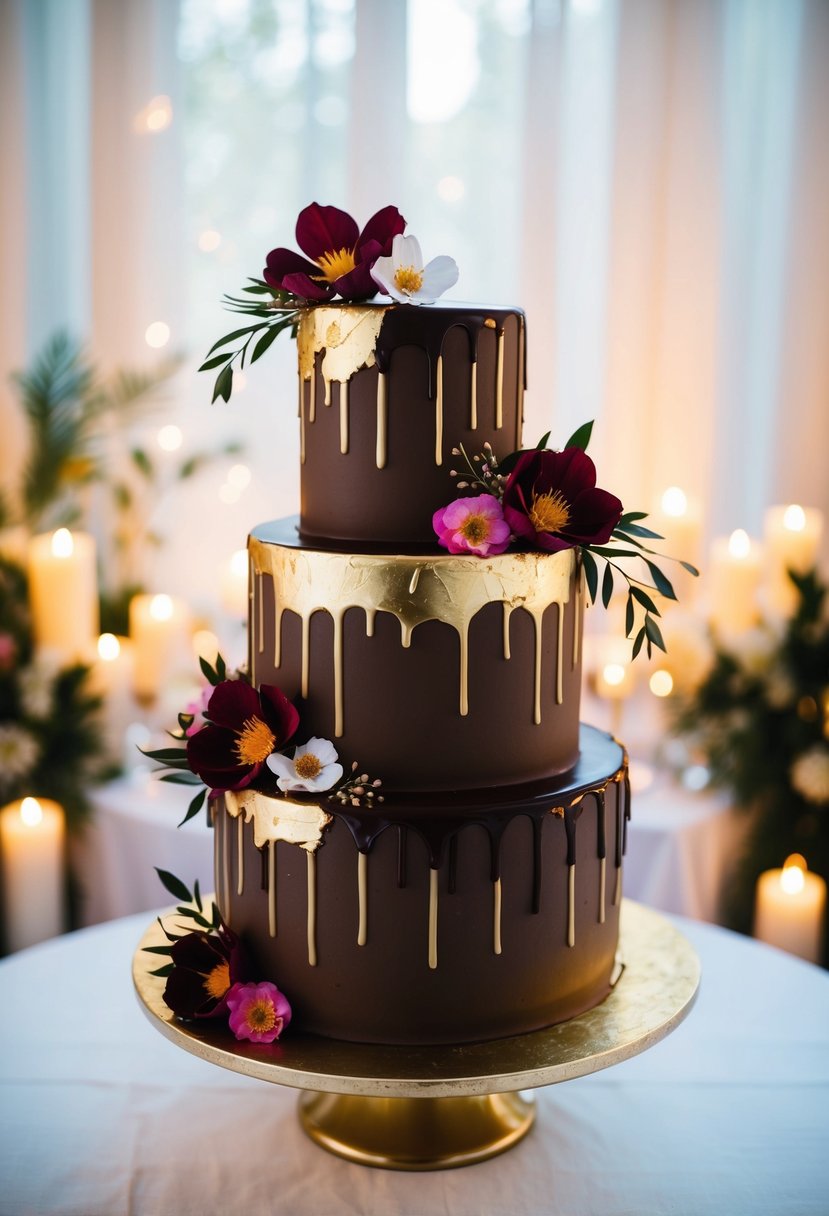 A three-tiered chocolate drip cake adorned with edible flowers and gold leaf, set against a backdrop of soft candlelight and romantic ambiance