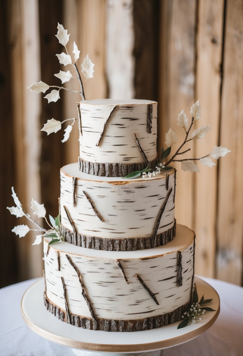 A three-tiered wedding cake with birch tree bark design, adorned with rustic branches and delicate sugar leaves