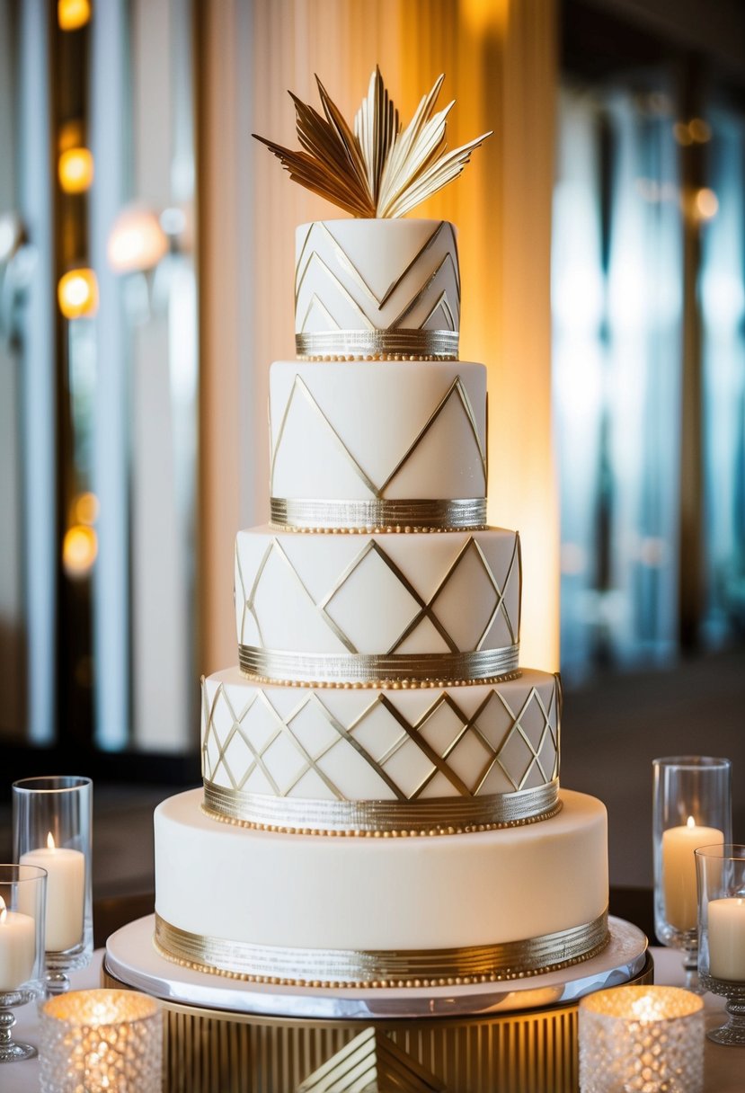 A tiered wedding cake adorned with geometric patterns and metallic accents, surrounded by elegant Art Deco decor