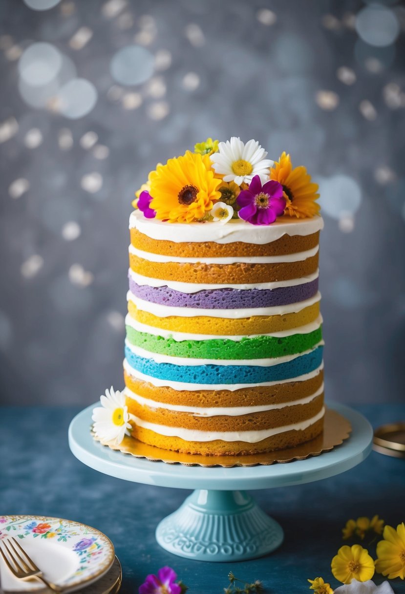 A multi-layered rainbow cake with cascading colors and edible flowers atop a decorative cake stand