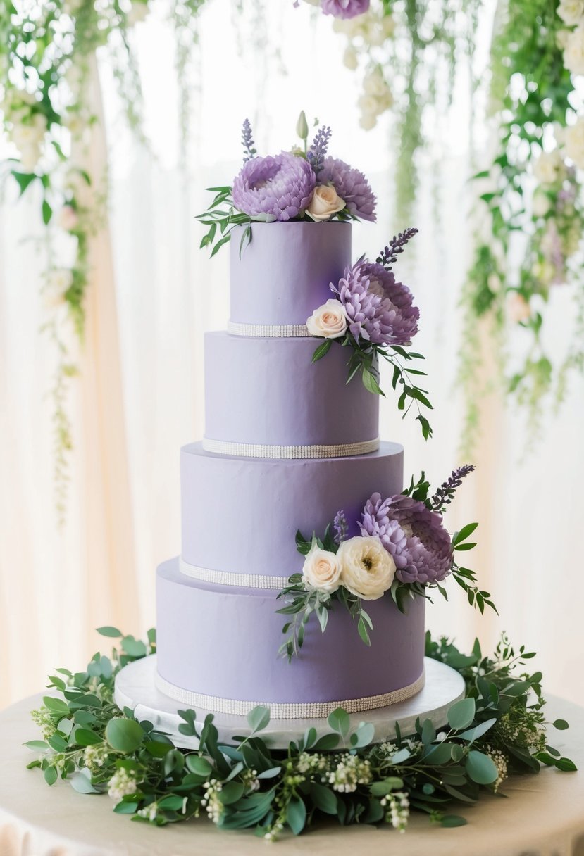 A three-tiered lavender floral wedding cake with cascading flowers and greenery, set against a soft, dreamy background