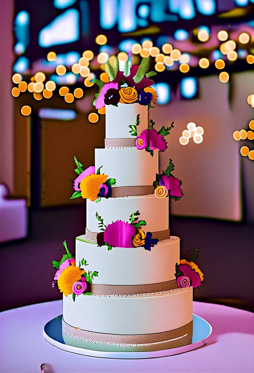 A tiered wedding cake adorned with vibrant flowers and intricate designs