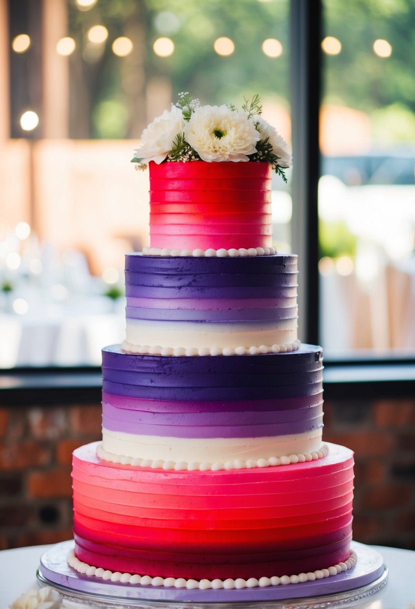 A tall, tiered wedding cake with vibrant layers of ombre colors, transitioning from deep purple at the bottom to a bright red at the top, topped with delicate white frosting flowers