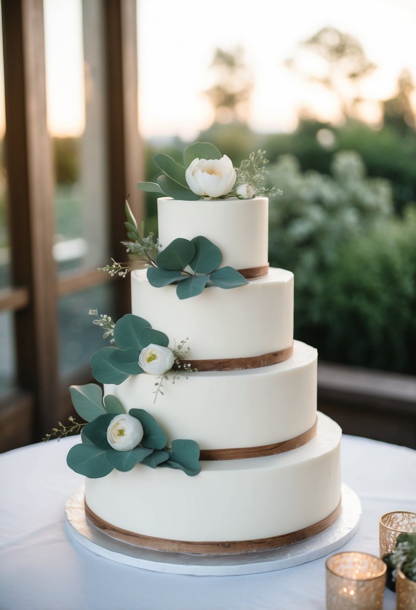 A three-tiered wedding cake adorned with eucalyptus leaves and delicate flower embellishments