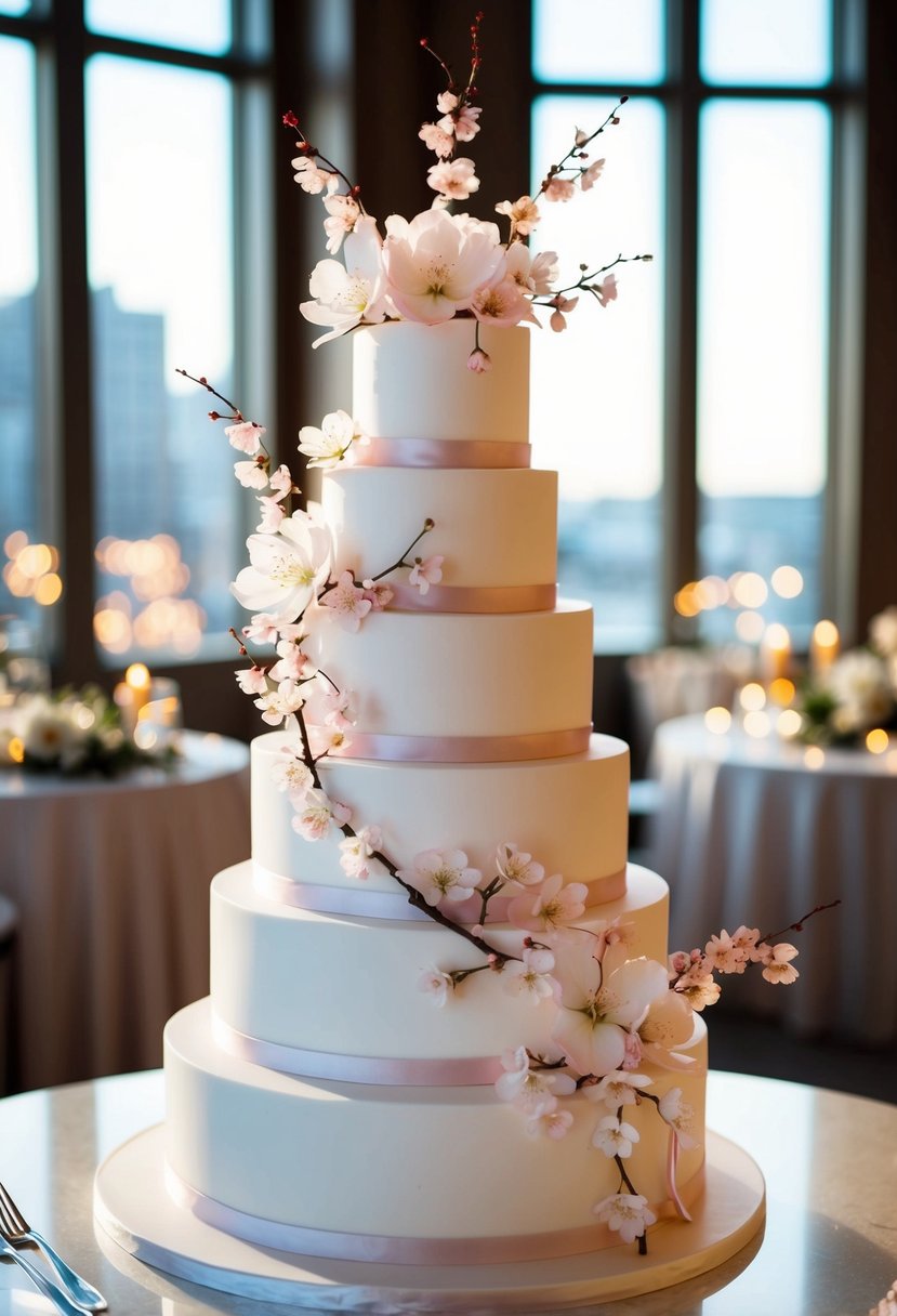 A tiered wedding cake adorned with delicate cherry blossoms and elegant floral designs