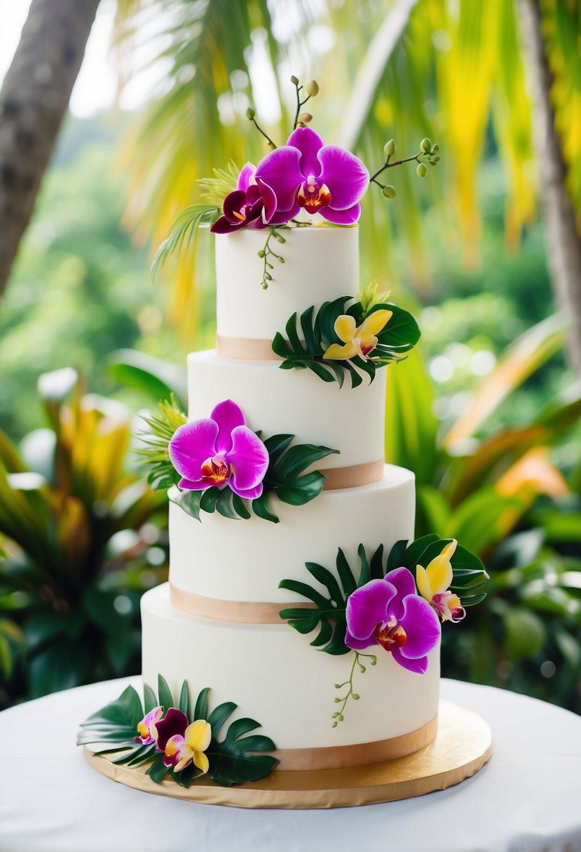 A three-tiered wedding cake adorned with vibrant orchids and tropical foliage, set against a lush, tropical backdrop