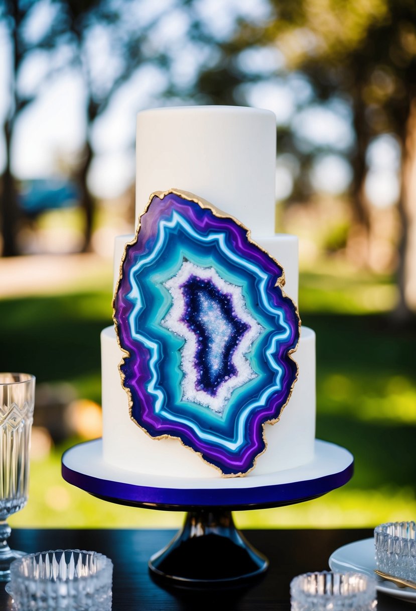 A geode-inspired cake with vibrant, swirling colors and intricate crystal-like patterns, perfect for a wedding celebration