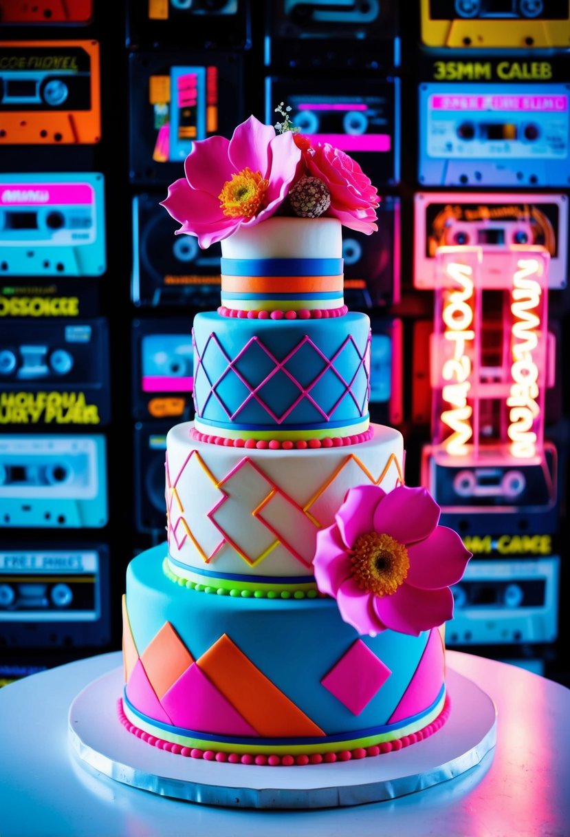 A three-tiered wedding cake adorned with neon colors, geometric patterns, and oversized flowers, set against a backdrop of cassette tapes and neon signs