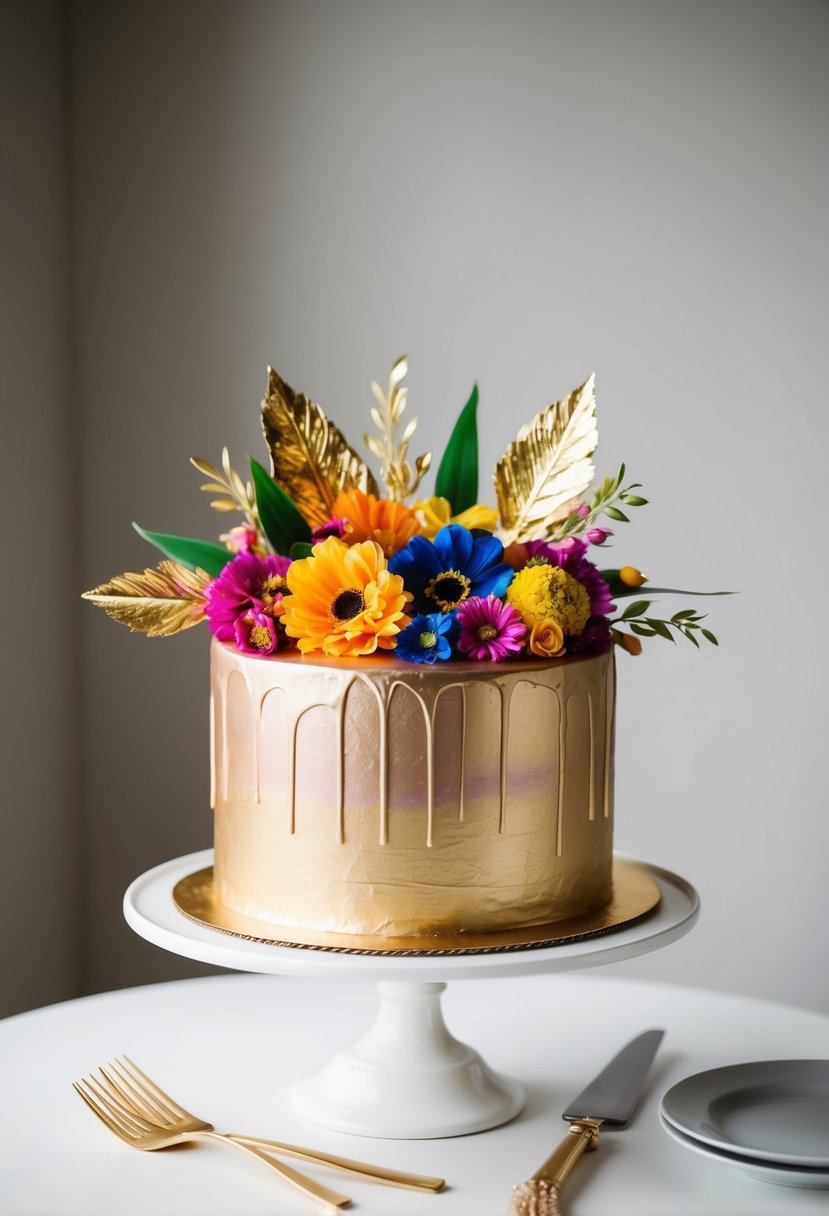 A vibrant metallic brushstroke cake stands on a white table, adorned with colorful edible flowers and gold leaf accents