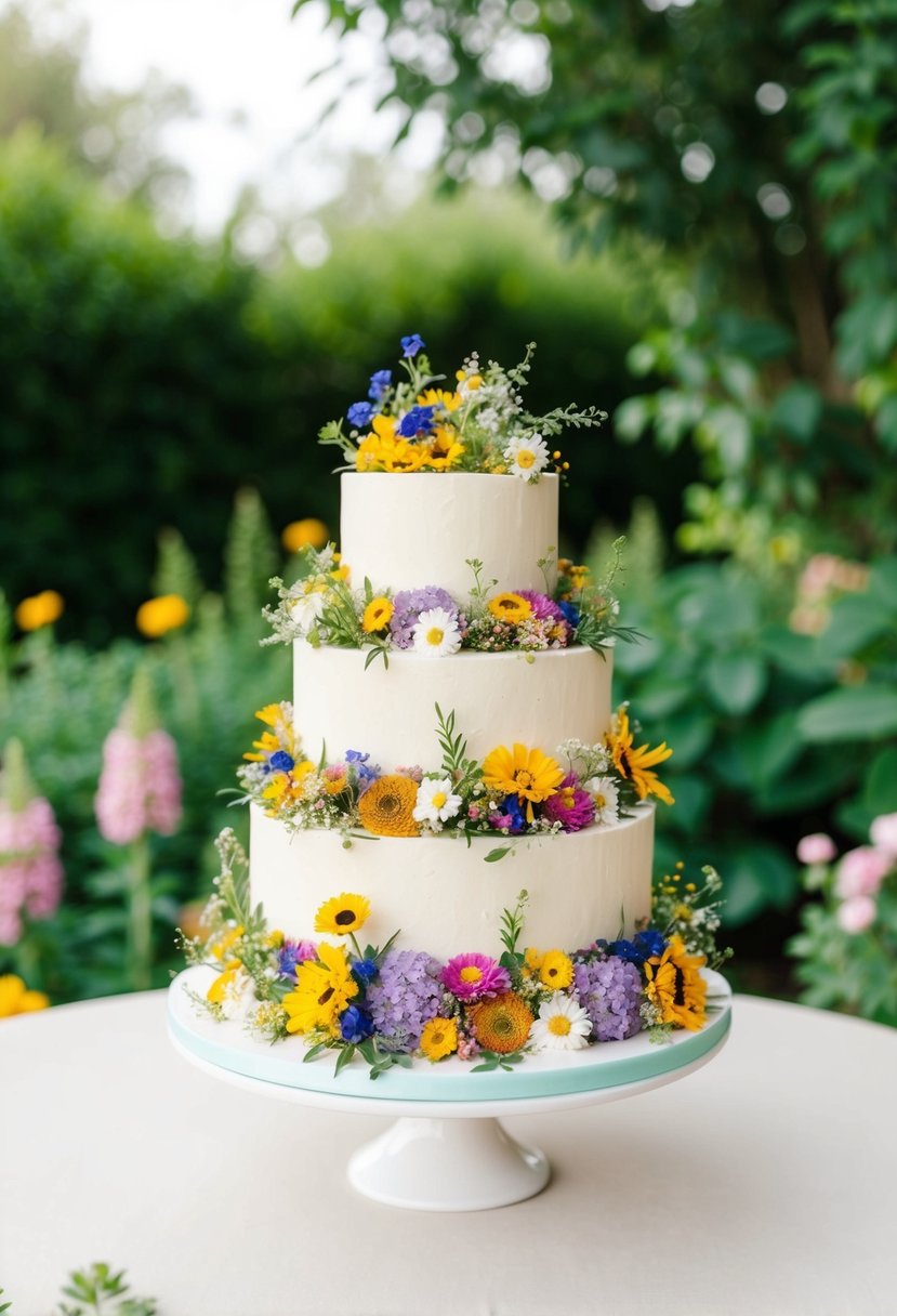 A three-tiered wedding cake adorned with an array of colorful wildflowers, set against a backdrop of lush greenery and blooming flowers