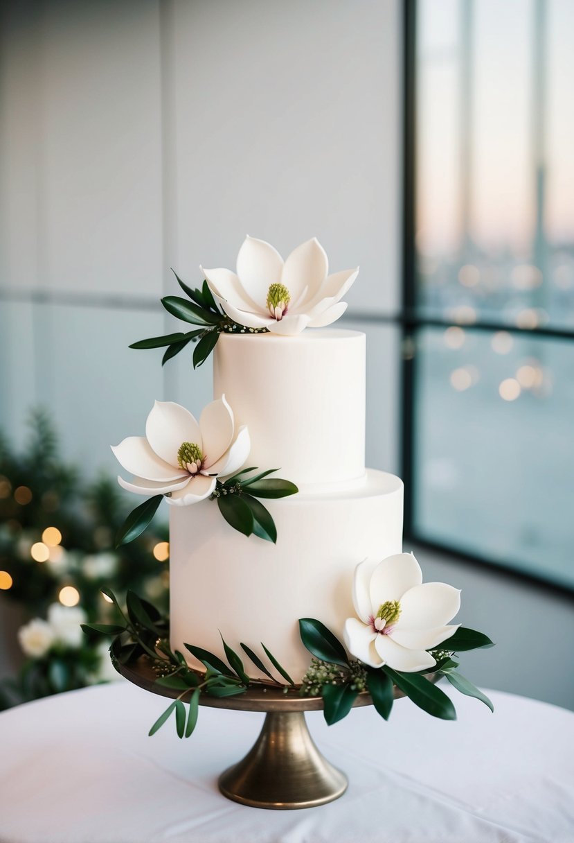 A simple white wedding cake adorned with magnolia flowers and greenery, set against a clean, modern backdrop