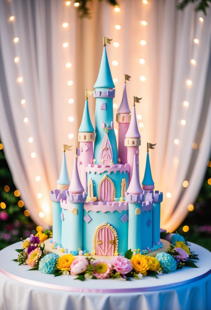 A whimsical fairytale castle cake stands tall with pastel turrets and delicate details, surrounded by colorful flowers and twinkling lights