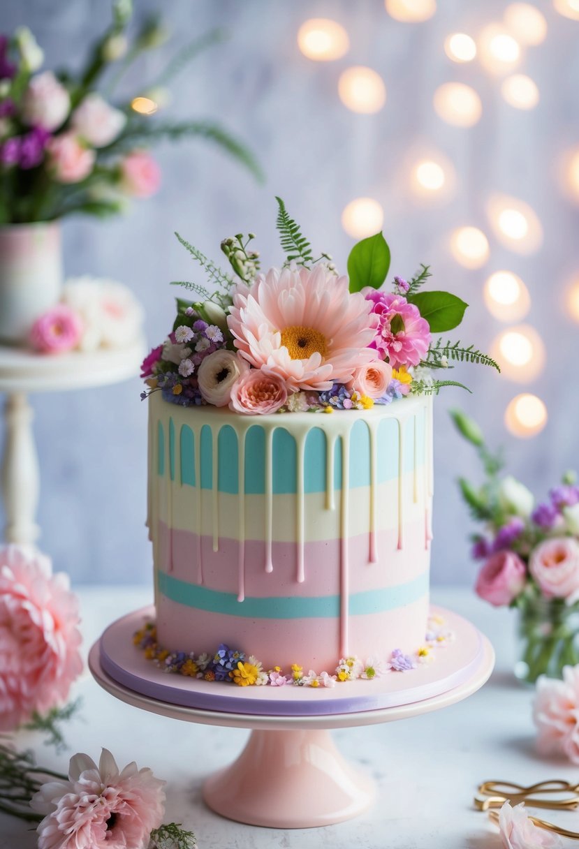 A pastel drip cake adorned with vibrant flowers and delicate details, set against a dreamy backdrop of soft lighting and romantic ambiance