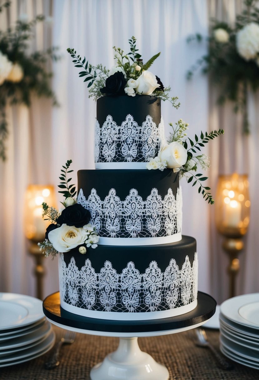 A tiered black and white cake with intricate lace and floral details, set against a backdrop of vintage 90s wedding decor