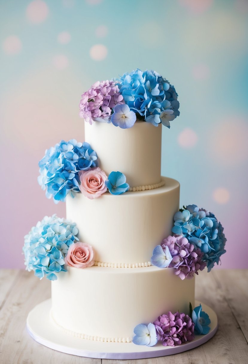 A three-tiered wedding cake adorned with hydrangea flowers in shades of blue, purple, and pink, set against a soft pastel background