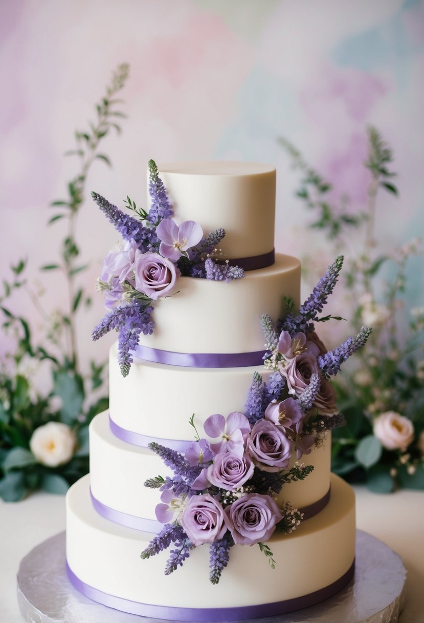A tiered wedding cake adorned with lilac and lavender flowers, set against a backdrop of soft pastel hues and delicate greenery