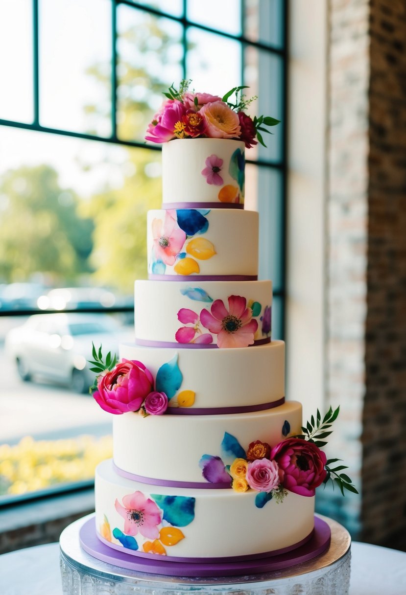 A tiered wedding cake adorned with vibrant watercolor floral designs, reminiscent of 90s aesthetics