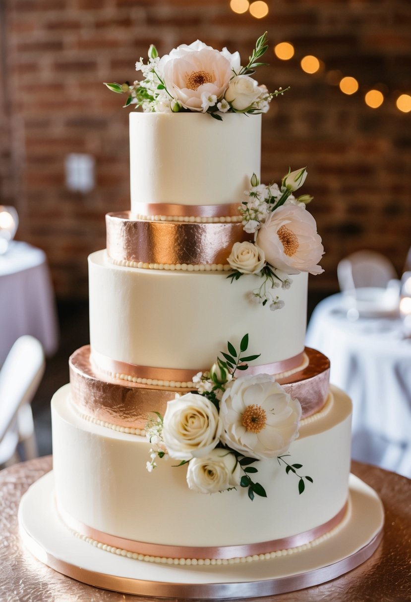 A three-tiered wedding cake adorned with rose gold accents and delicate flowers