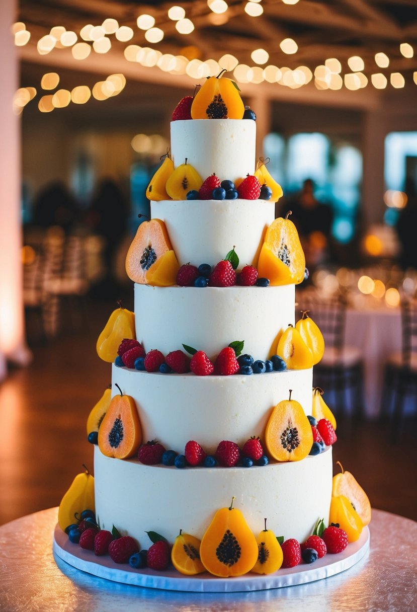 A multi-tiered wedding cake with cascading fruits in vibrant colors