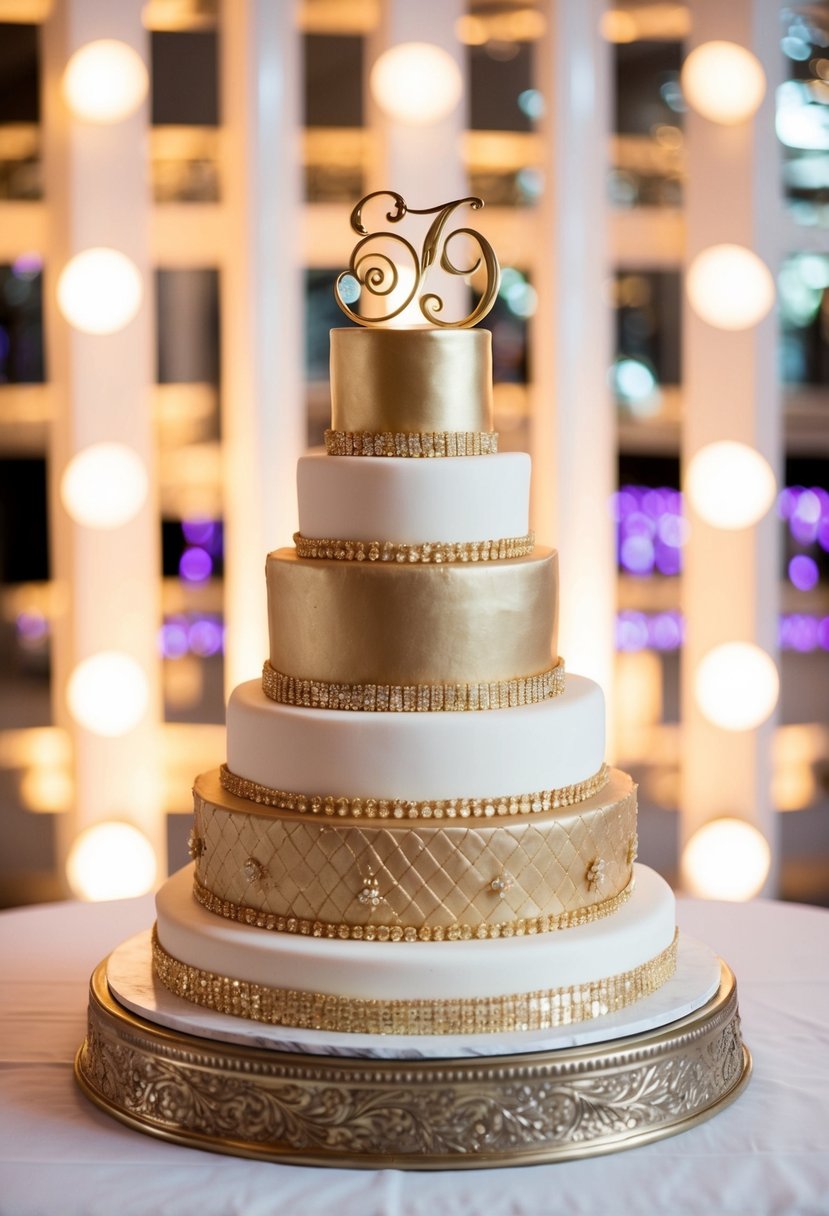 A tiered vintage glamour cake adorned with gold accents, set against a backdrop of 90s-inspired decor and lighting
