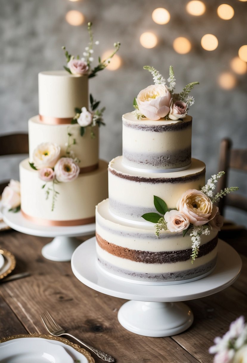 A rustic table adorned with vintage charm wedding cakes, each decorated with delicate flowers in soft pastel hues