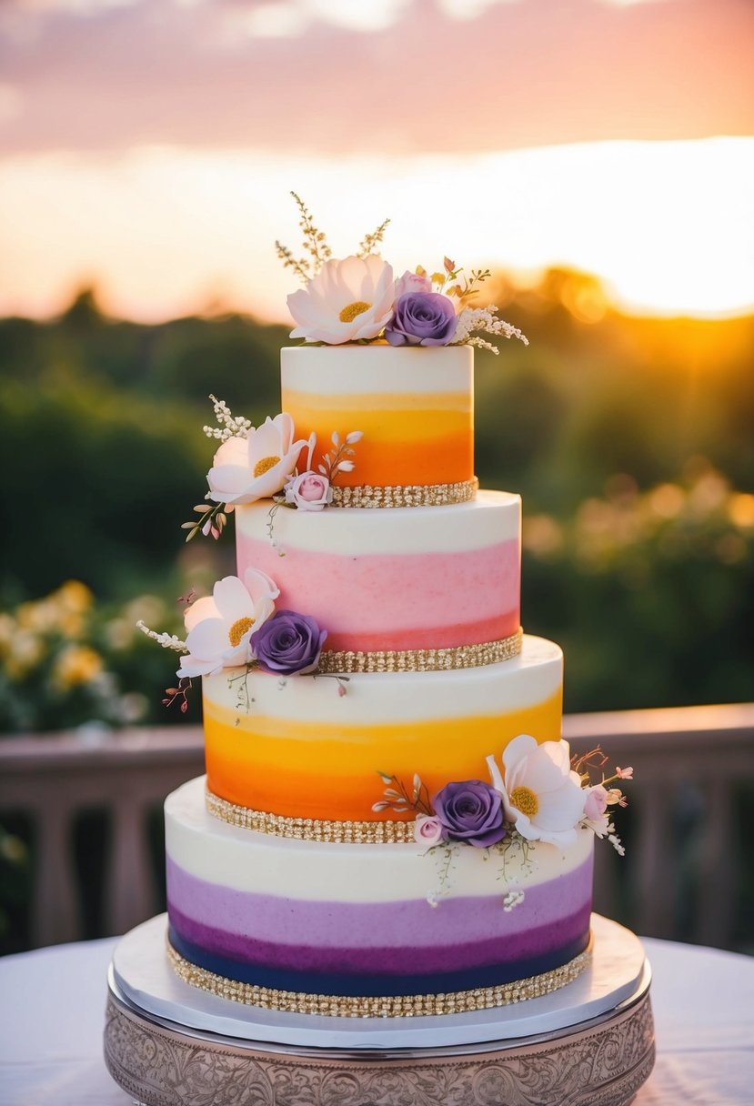 A three-tiered wedding cake with a sunset gradient of orange, pink, and purple, adorned with delicate flowers and gold accents