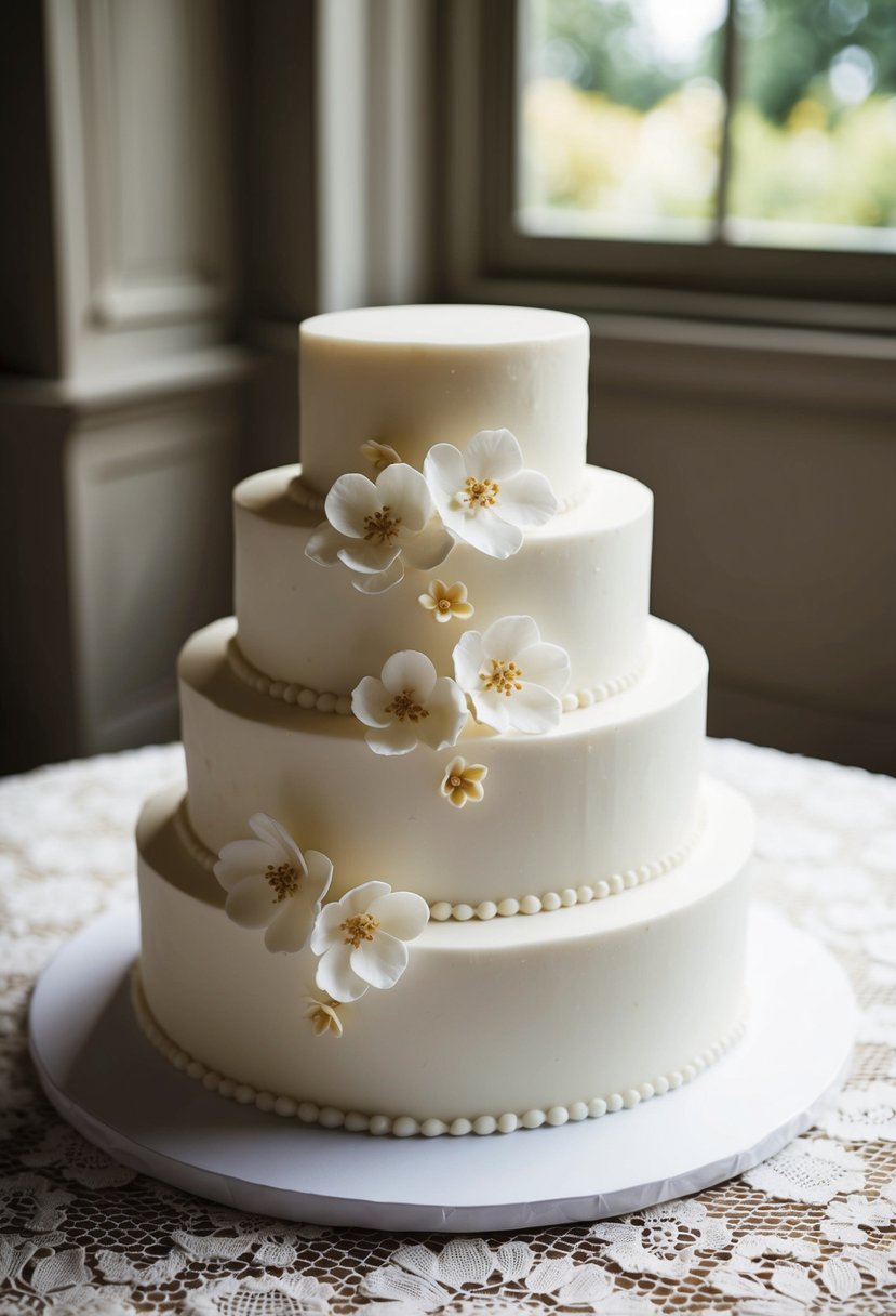 A classic white fondant cake adorned with delicate sugar flowers sits on a vintage lace tablecloth, evoking 90s wedding elegance