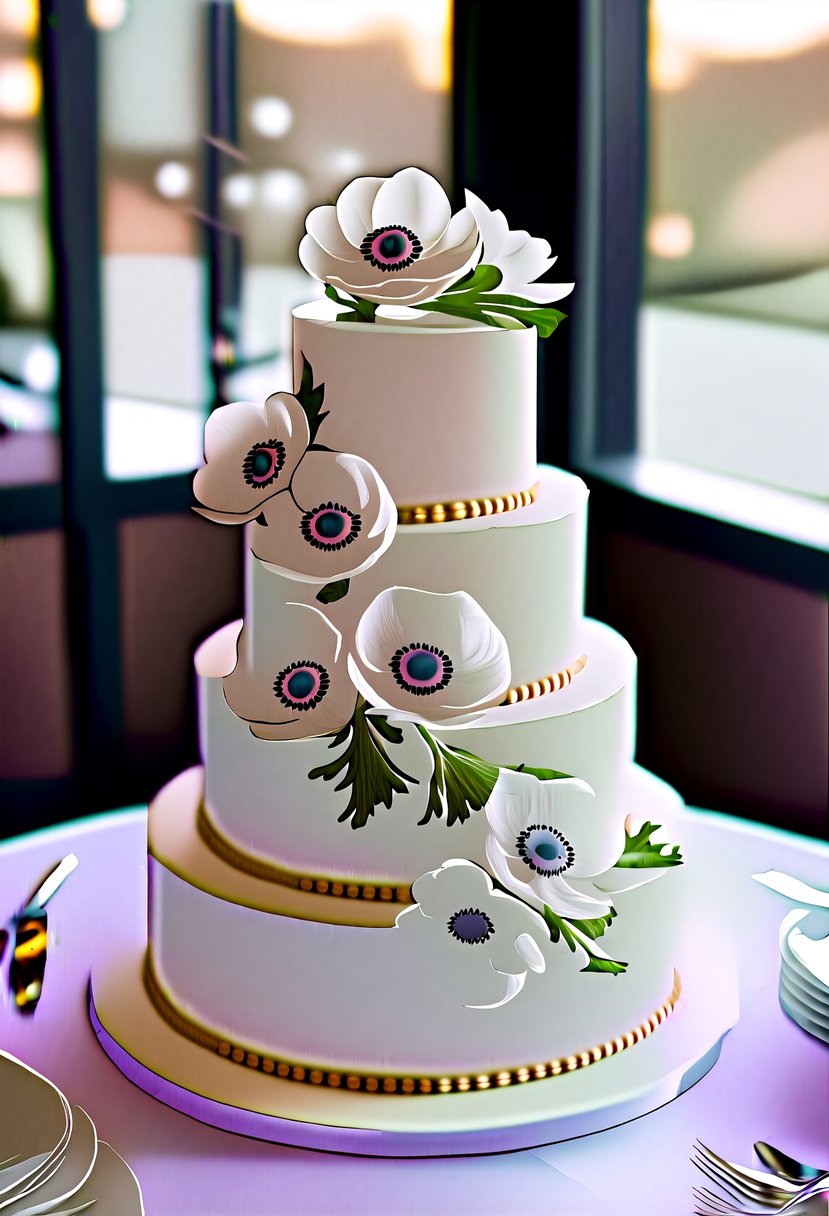 A tiered wedding cake adorned with delicate Anemone White Whisper flowers