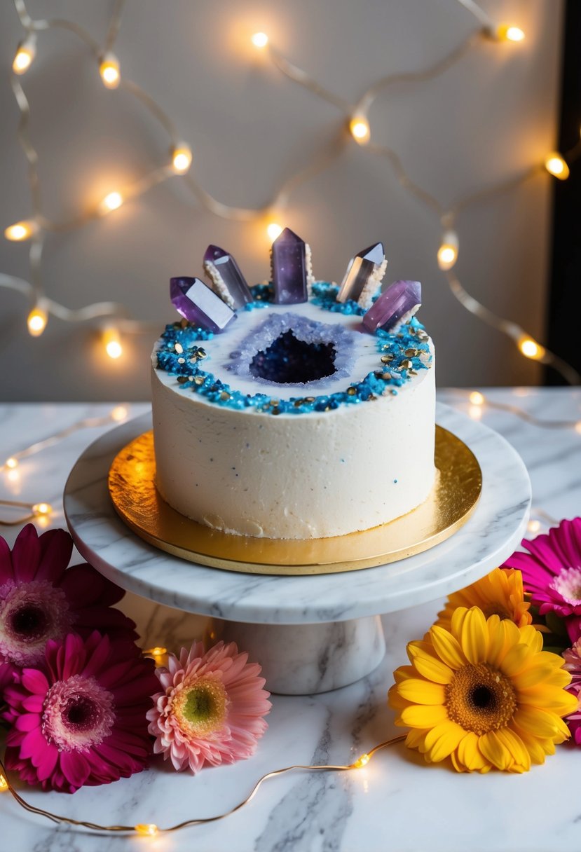 A geode cake with edible crystals sits atop a marble table, surrounded by vibrant flowers and twinkling fairy lights