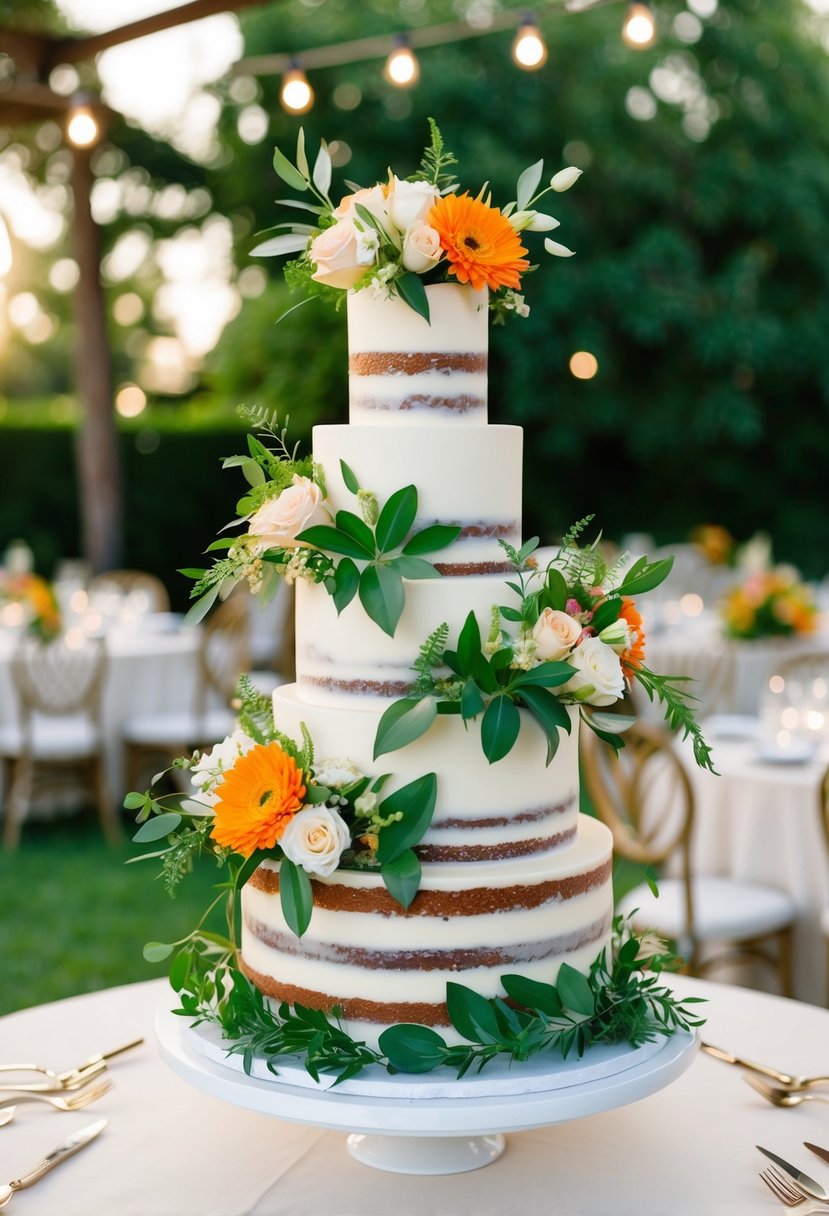 A multi-tiered wedding cake adorned with vibrant greenery and fresh flowers