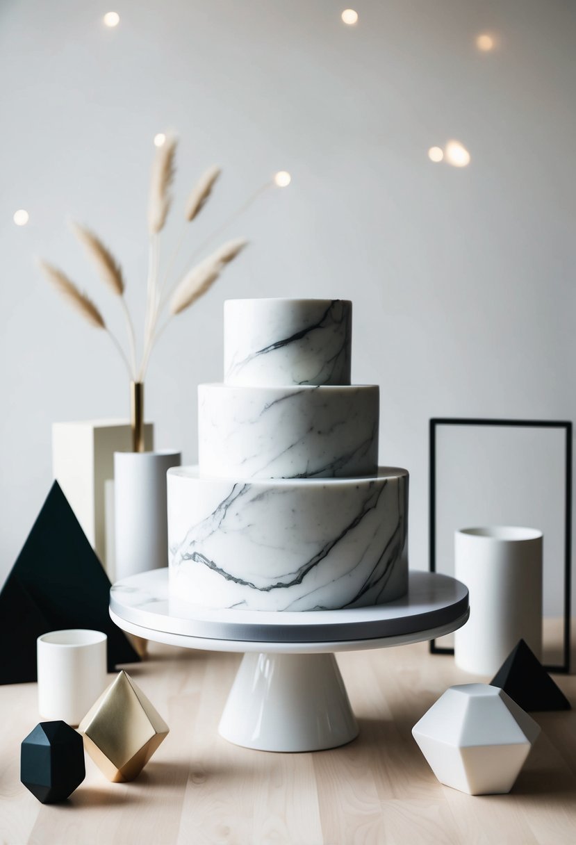A three-tiered marble cake on a sleek, white pedestal, surrounded by geometric shapes and minimalist decor