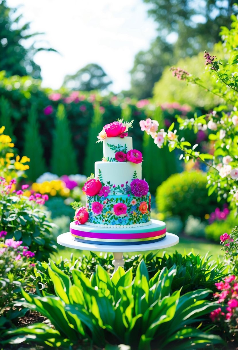 A vibrant garden scene with blooming flowers and lush greenery surrounding a colorful wedding cake adorned with intricate floral designs