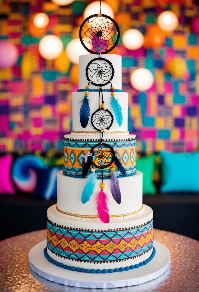 A tiered wedding cake adorned with dreamcatchers, feathers, and bohemian-inspired patterns, set against a backdrop of colorful 90s-inspired decor