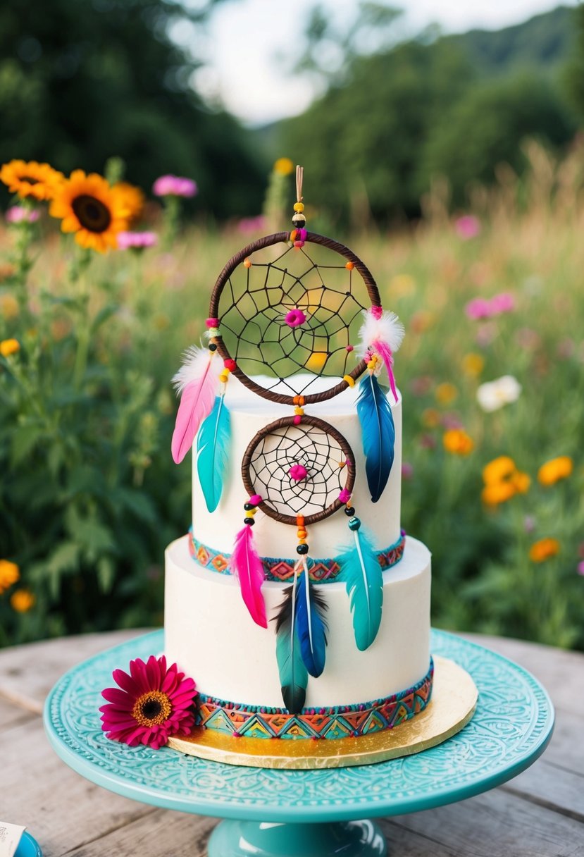A bohemian dreamcatcher cake adorned with vibrant feathers and intricate patterns, set against a backdrop of lush greenery and colorful wildflowers