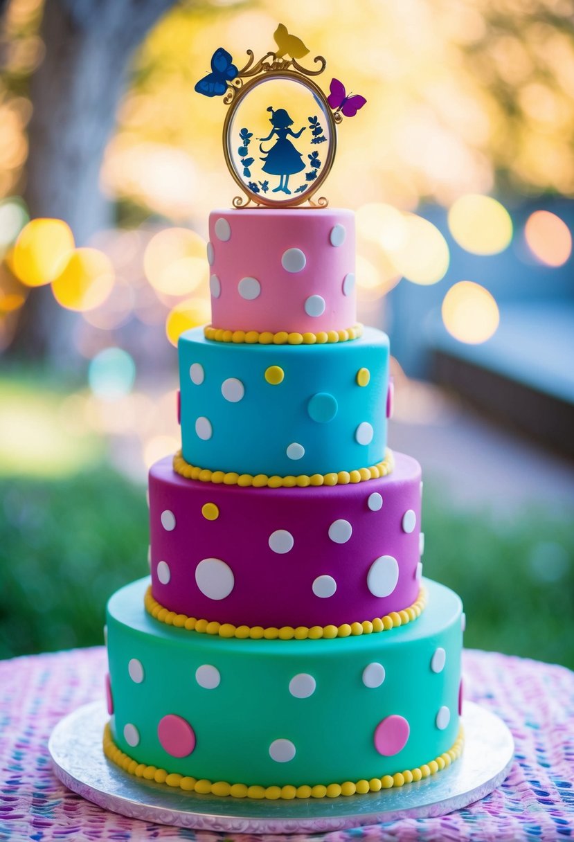 A colorful, tiered cake with Alice in Wonderland theme and whimsical 90s aesthetic