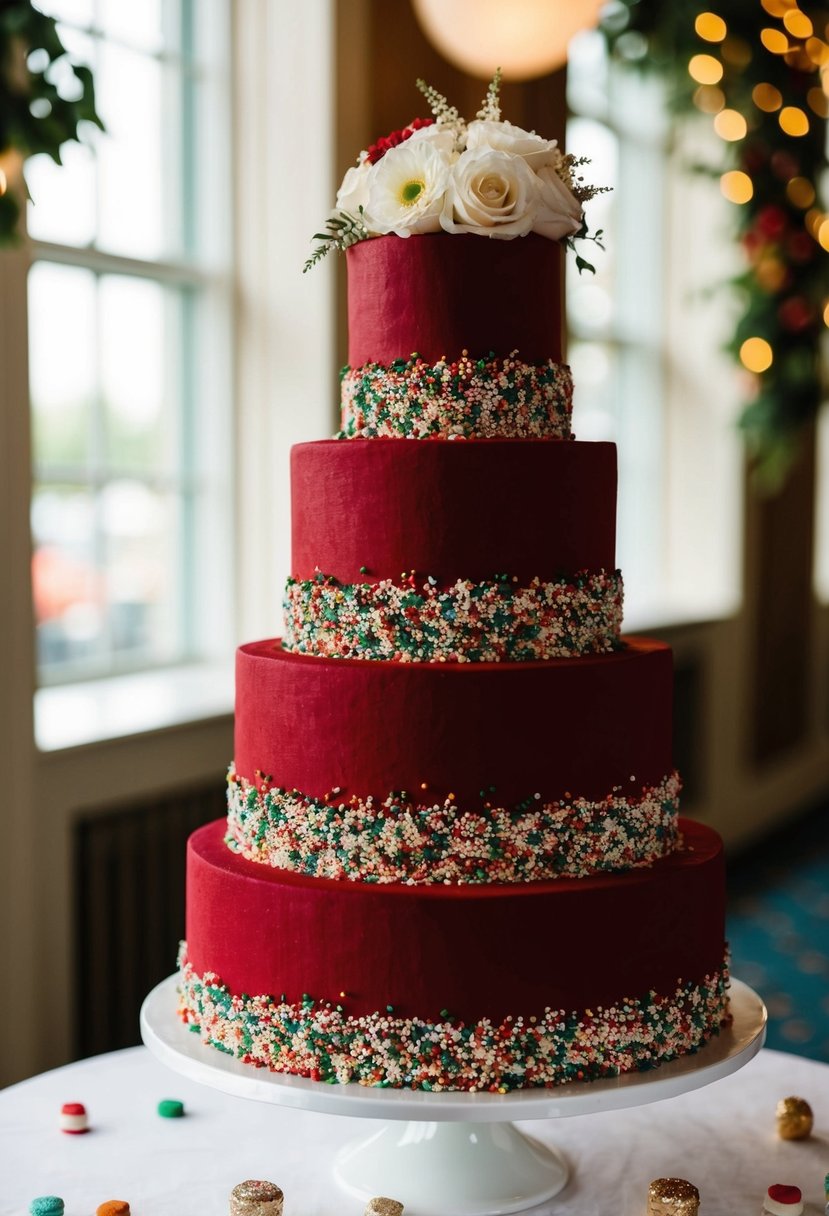 A three-tiered red velvet wedding cake with colorful sprinkles and elegant decorations