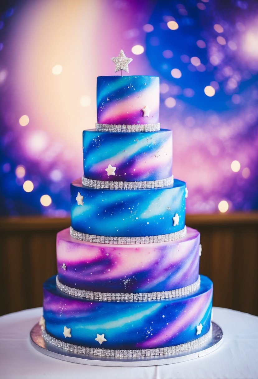 A multi-tiered wedding cake resembling a swirling galaxy, with vibrant colors of blue, purple, and pink. The cake is adorned with edible stars and glitter, creating a celestial and enchanting appearance