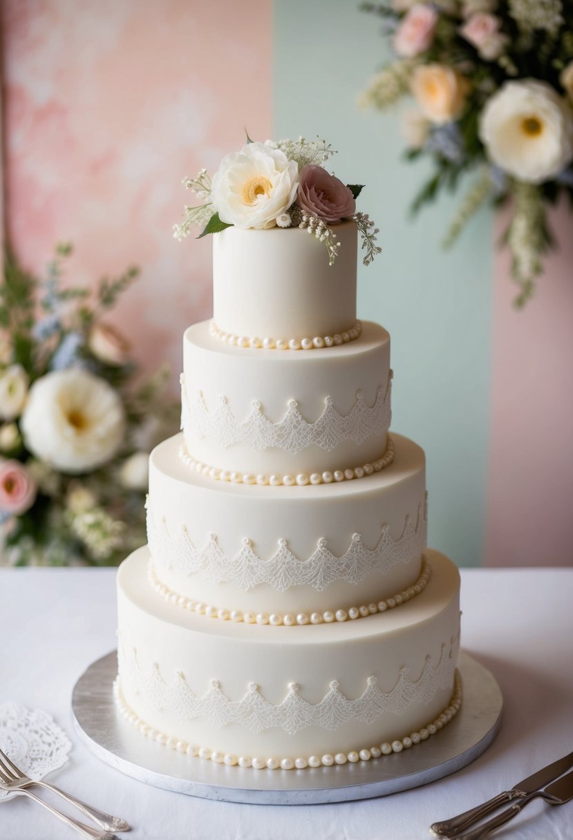 A three-tiered wedding cake adorned with delicate lace and pearls, set against a backdrop of soft pastel colors and vintage floral accents