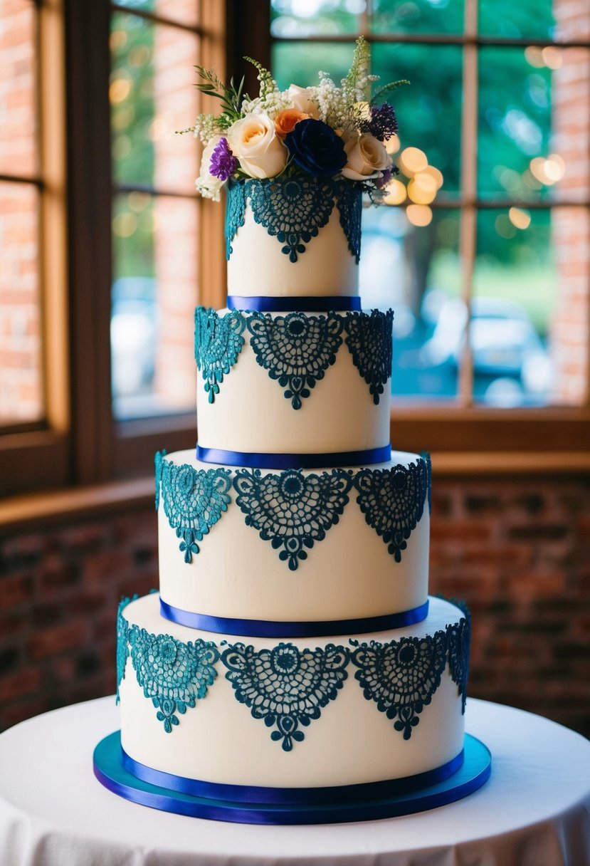 A three-tiered wedding cake adorned with intricate vintage lace patterns in vibrant colors