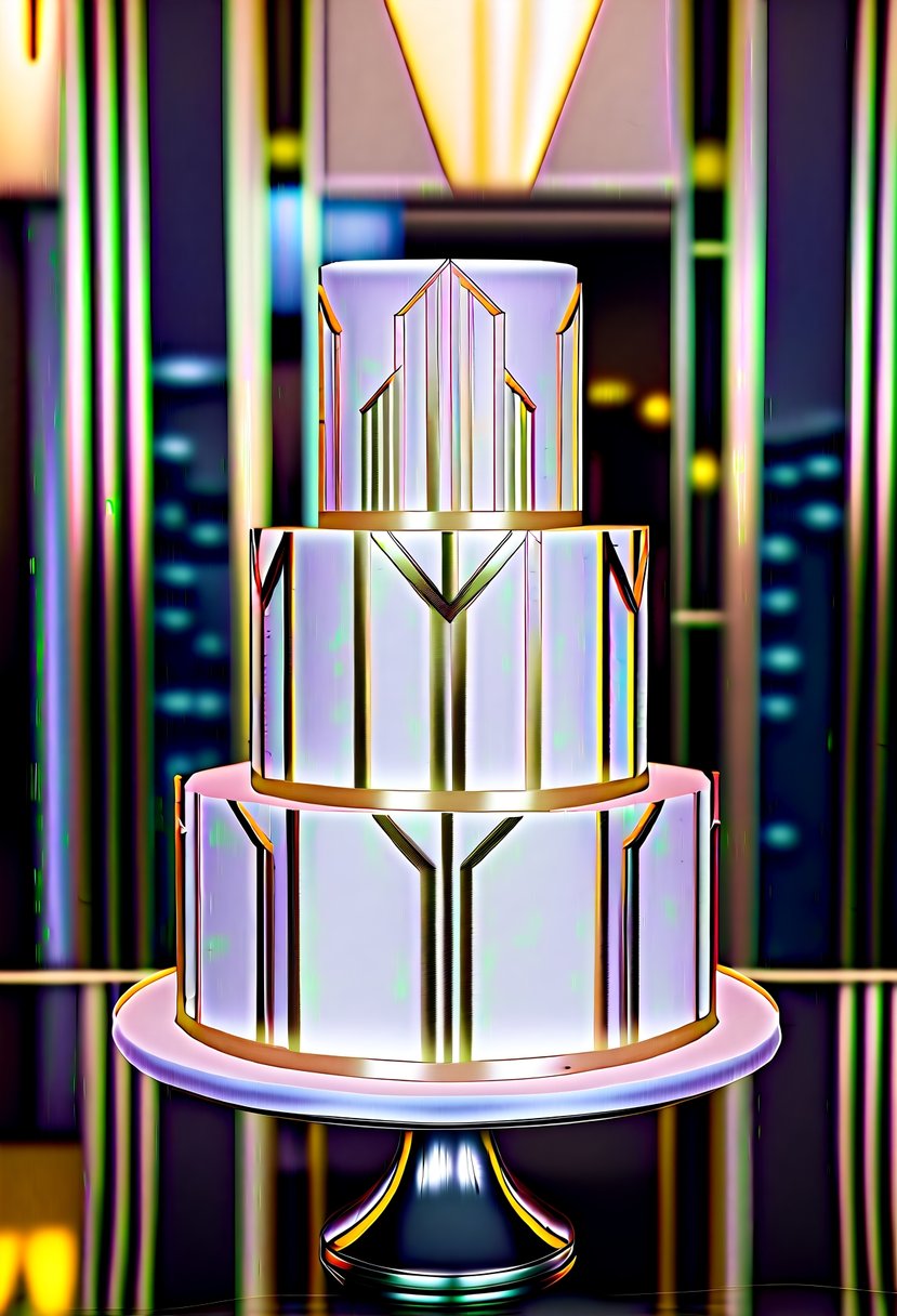 An elegant three-tiered cake with geometric patterns and metallic accents, adorned with sleek lines and bold colors, reminiscent of Art Deco architecture
