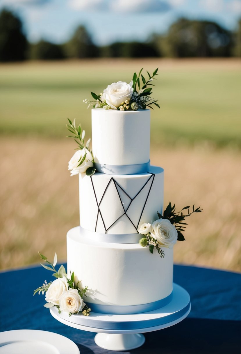 A three-tiered white wedding cake adorned with minimalist geometric designs and fresh flowers