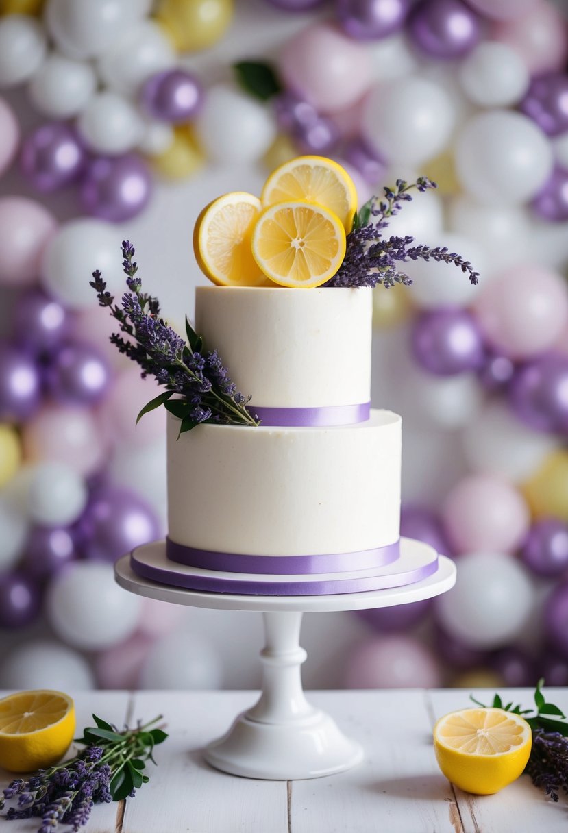 A vintage wedding cake adorned with lavender and lemon citrus, set against a backdrop of 90s-inspired decor