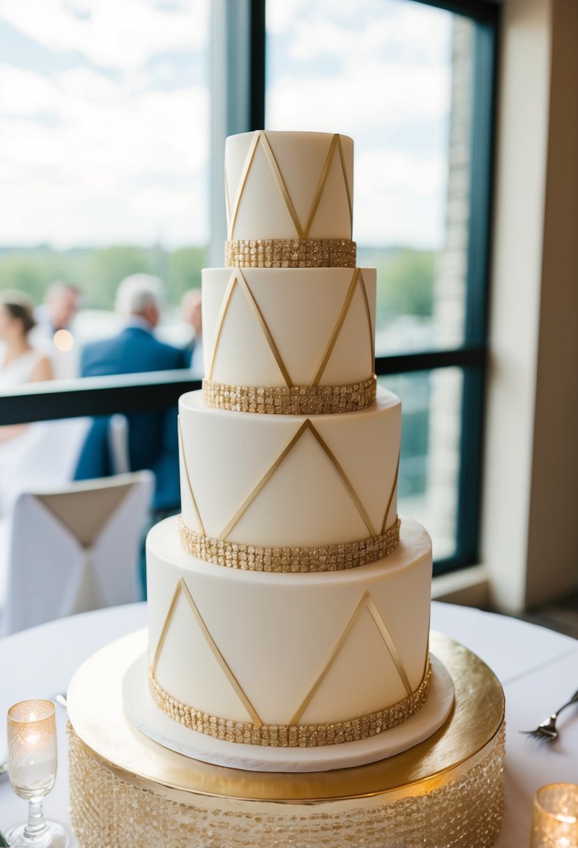 A three-tiered wedding cake adorned with geometric gold accents, exuding simple elegance and modern sophistication