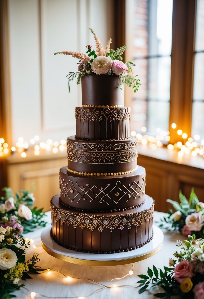 A three-tiered chocolate espresso cake with intricate 90s-inspired patterns and decorations, surrounded by vintage floral arrangements and twinkling fairy lights