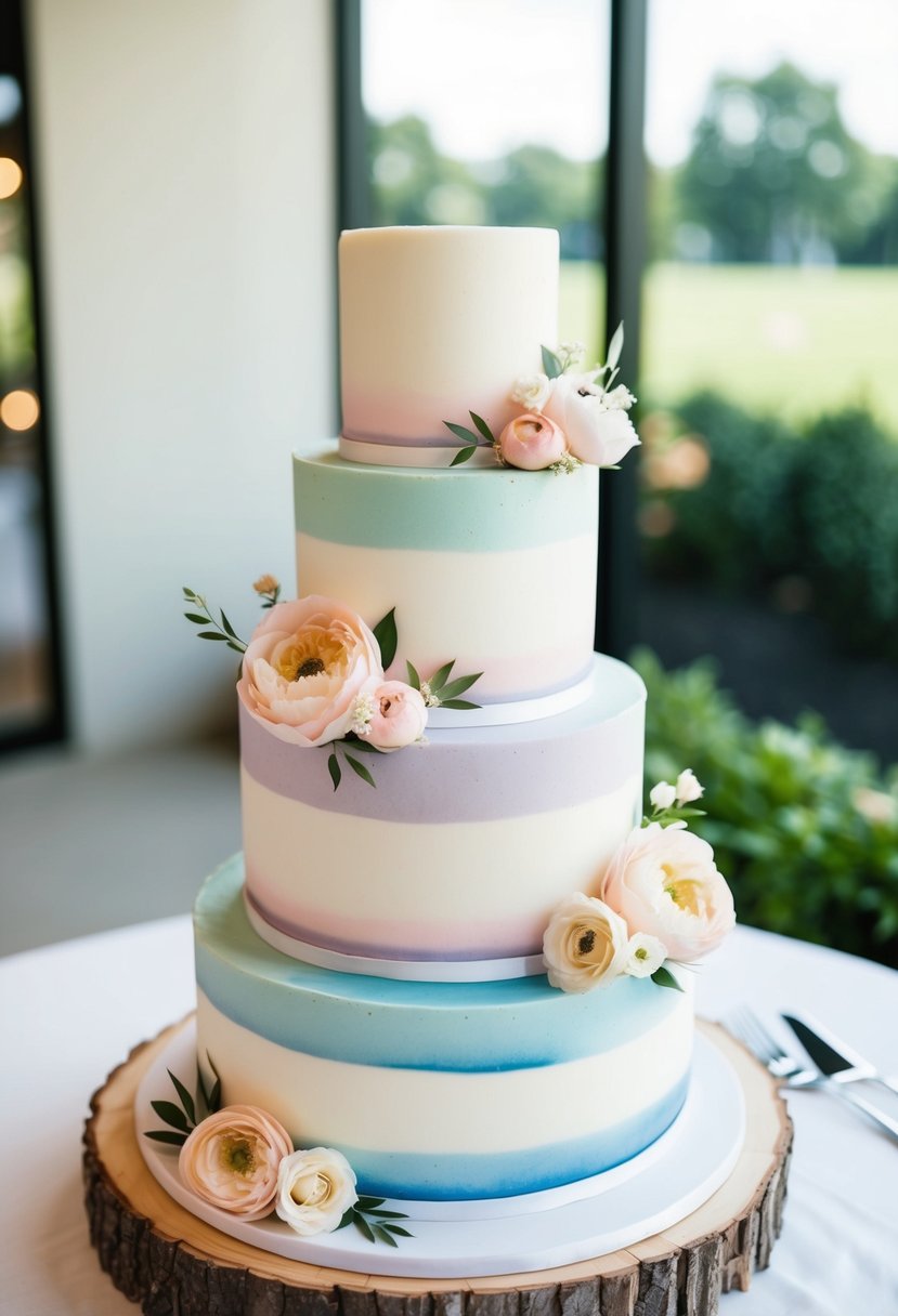 A three-tiered wedding cake with pastel watercolor icing, adorned with simple and modern floral accents