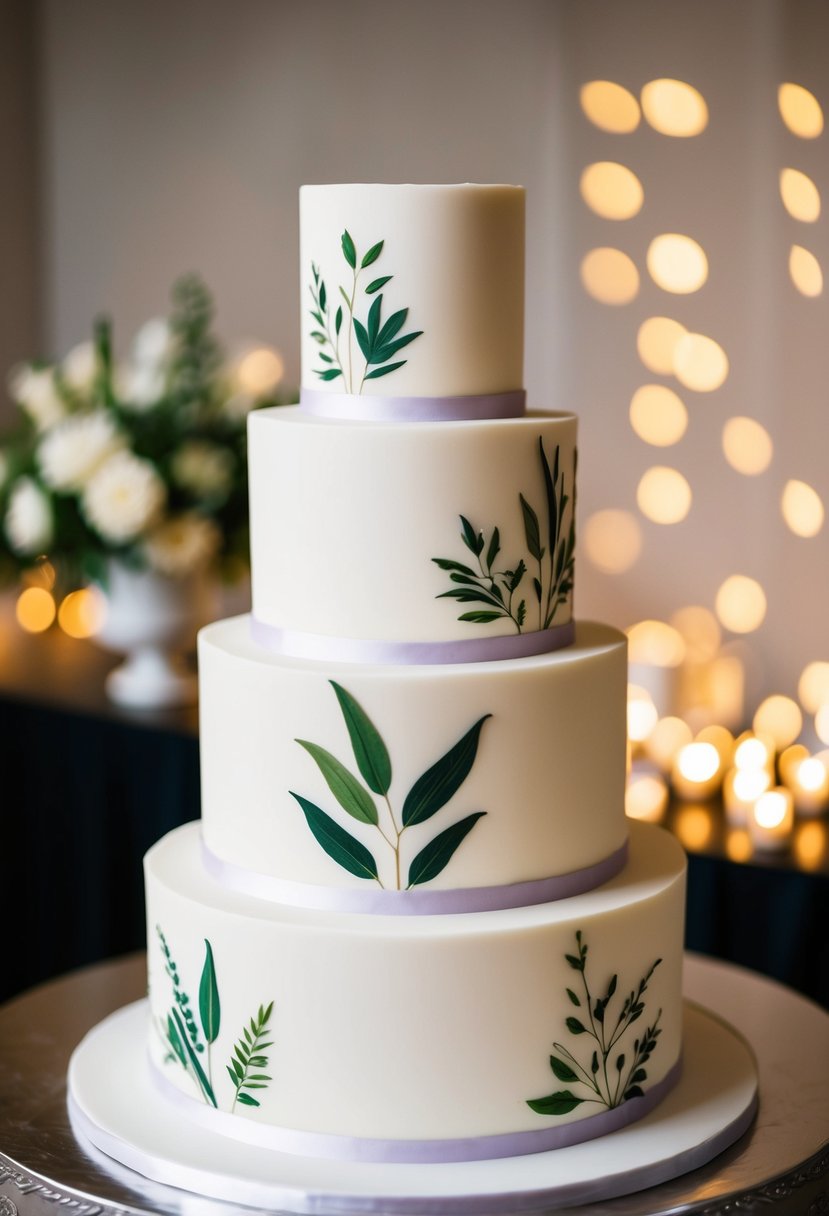 A three-tiered wedding cake adorned with modern botanical illustrations in a simple and elegant style