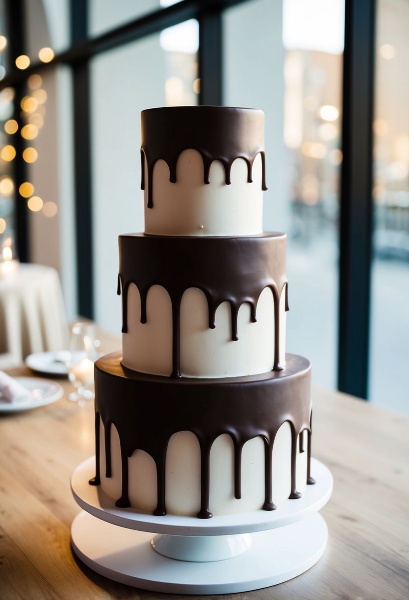 A three-tiered wedding cake with smooth, dark chocolate ganache dripping down the sides, adorned with minimalistic and modern geometric designs