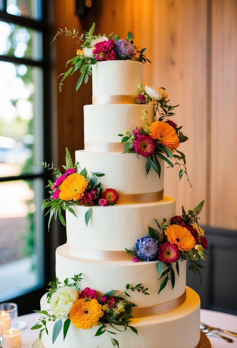 A multi-tiered wedding cake adorned with vibrant, garden-inspired floral arrangements
